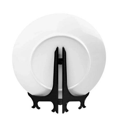 Back view of bone china wedding decorative plate on stand, customizable with photo, names, and date. Showcasing the high-quality craftsmanship of personalized wedding or anniversary gifts.
