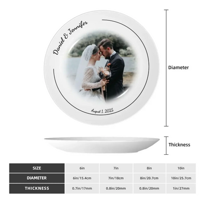 Size chart of bone china wedding decorative plate showing diameter and thickness, customizable with photo, names, and date. Detailed dimensions for personalized wedding or anniversary gifts.