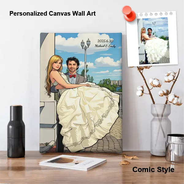 Custom comic-style canvas wall art with uploaded photo and personalized text