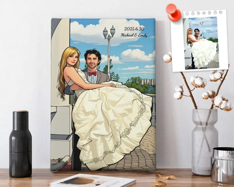 Custom comic-style canvas wall art with uploaded photo and personalized text