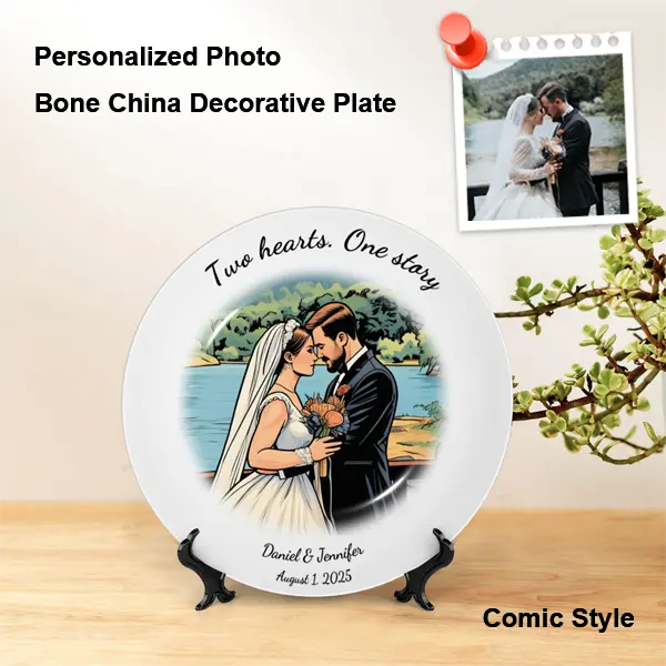 Custom comic-style decorative plate with uploaded photo and personalized text