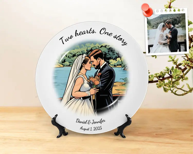 Custom comic-style decorative plate with uploaded photo and personalized text