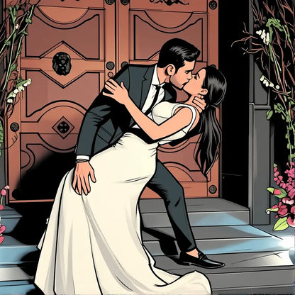 Canvas wall art in comic-style illustration, showing playful portrait of couples with vibrant colors