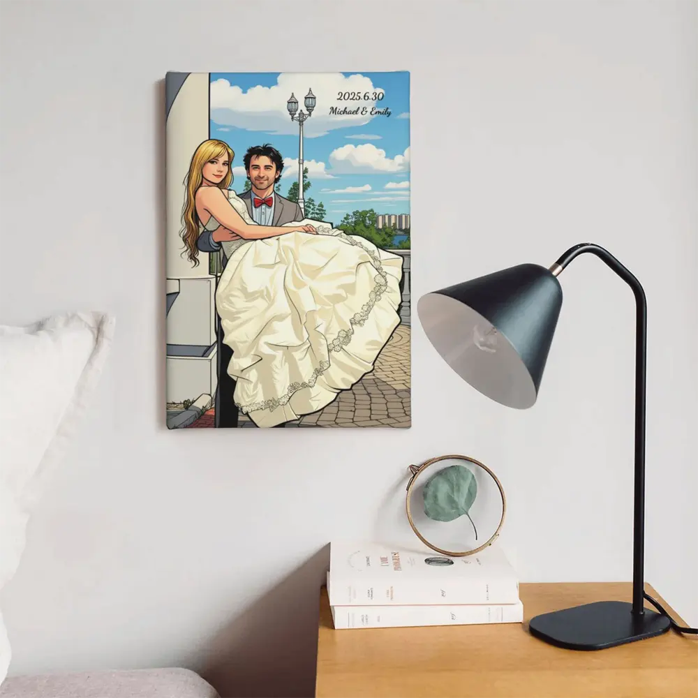 Personalized canvas wall art transforming your favorite photo into playful and colorful comic-style artwork