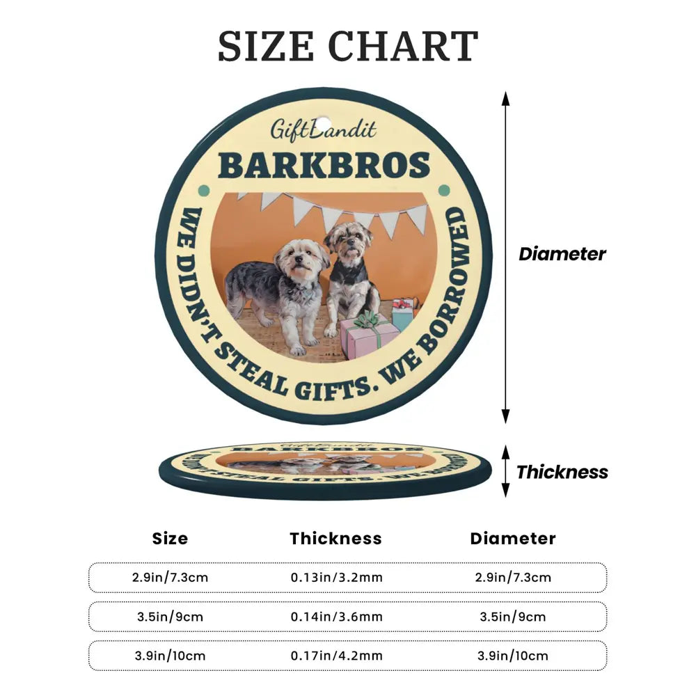 Ceramic Christmas ornament size details showing the dimensions of the personalized photo ornament