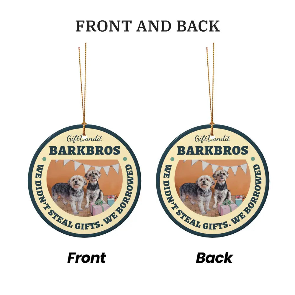 Ceramic photo ornament showing both front and back sides of the personalized Christmas ornament