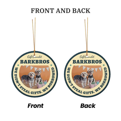 Ceramic photo ornament showing both front and back sides of the personalized Christmas ornament