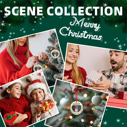 Christmas photo ornament used as a holiday gift and displayed while decorating a Christmas tree in a festive home scene