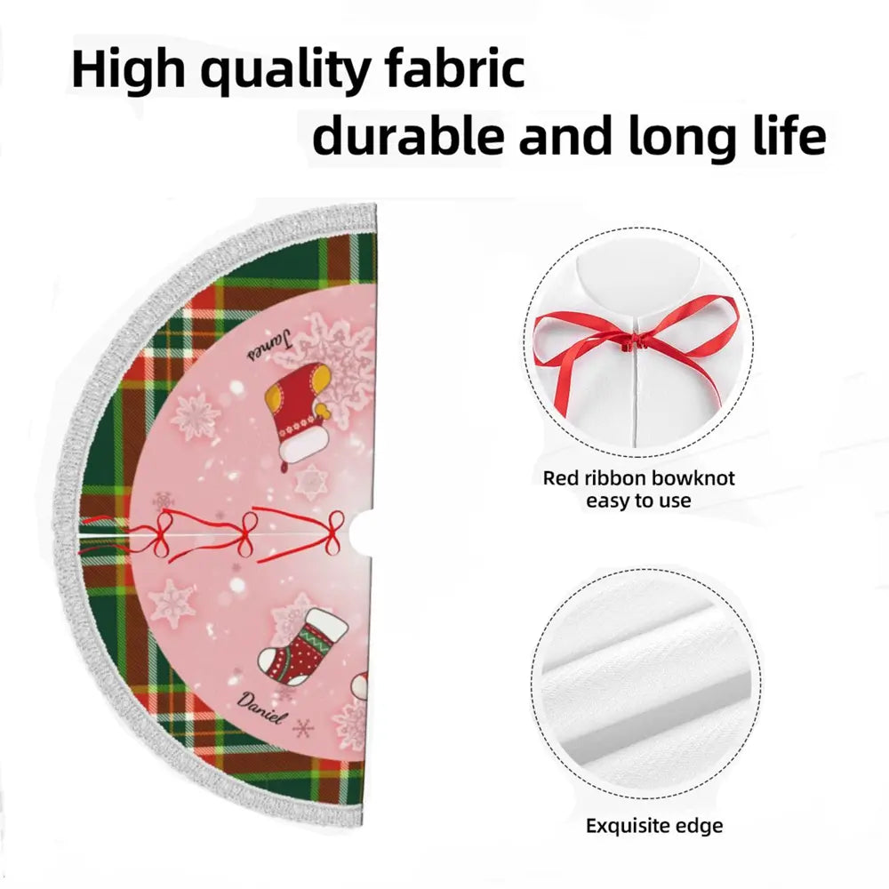 Christmas tree skirt with tassels made of high-quality, durable fabric, featuring a red ribbon bowknot, easy to use and exquisite edge for long-lasting festive decoration.