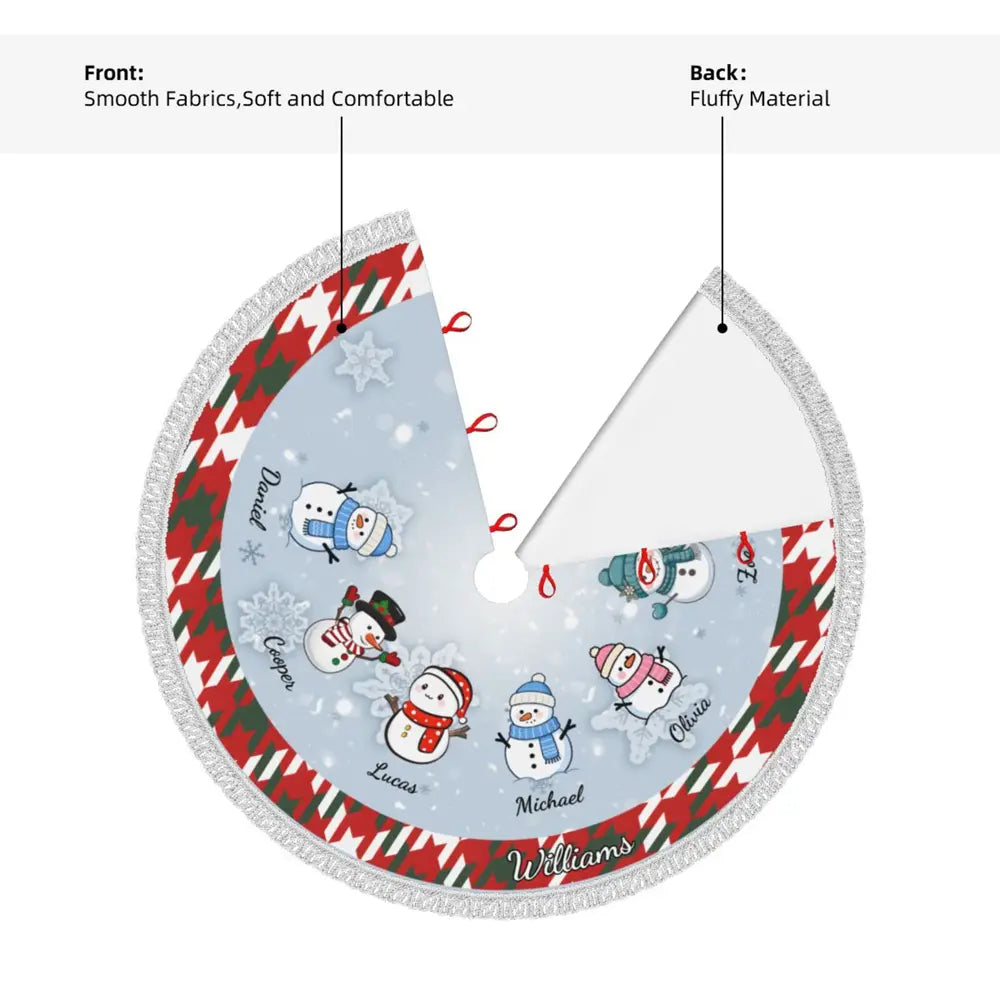 Christmas tree skirt with tassels, featuring smooth and soft front fabric and fluffy back material, cozy and comfortable for holiday use.