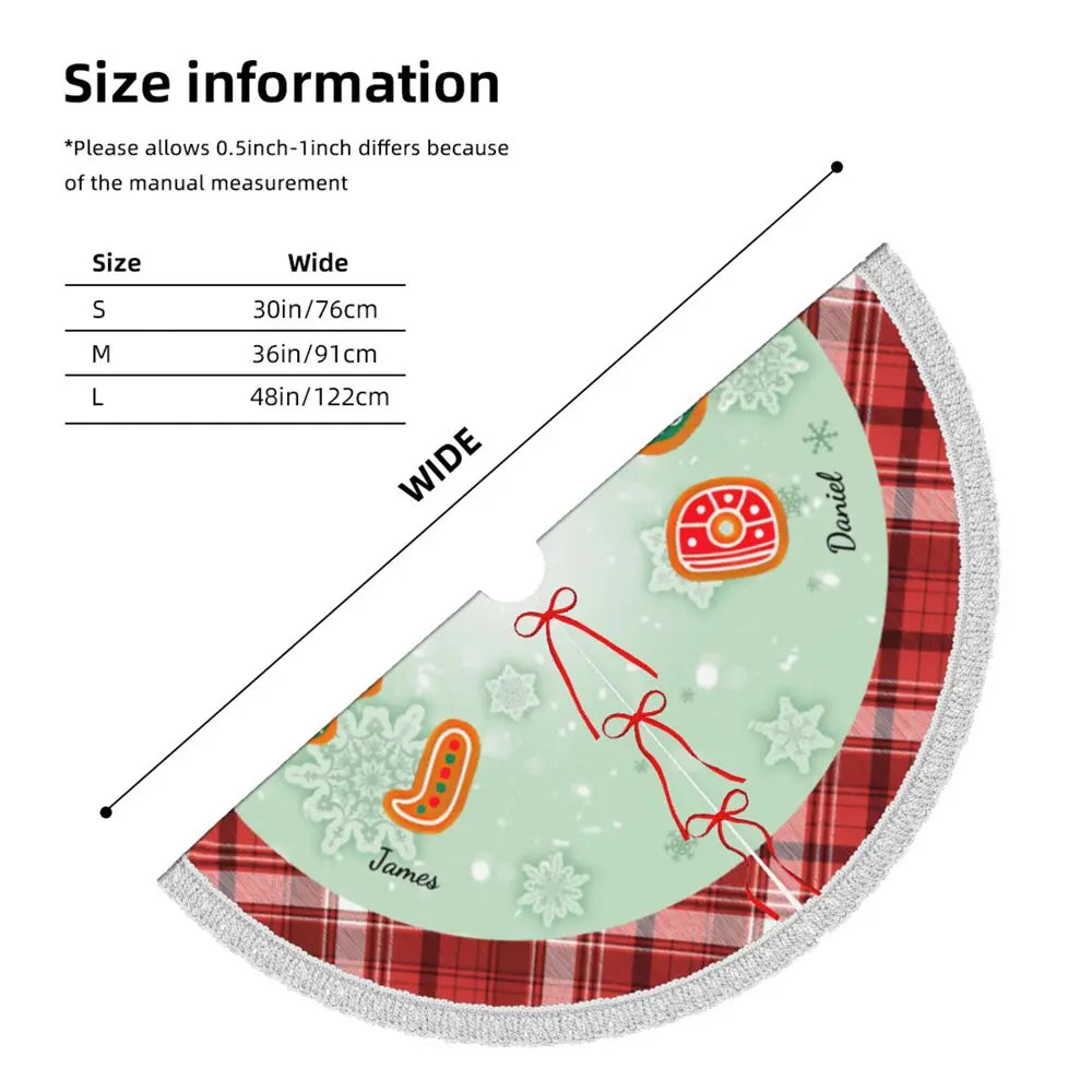 Christmas tree skirt with tassels available in three sizes: 30 inches, 36 inches, and 48 inches, perfect for small to large Christmas trees.