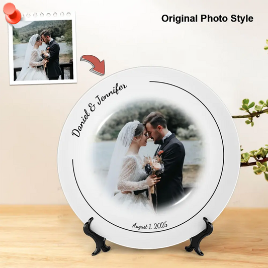 Custom bone china wedding keepsake plate featuring couple photo, personalized with names and special date, ideal anniversary or bridal shower gift.