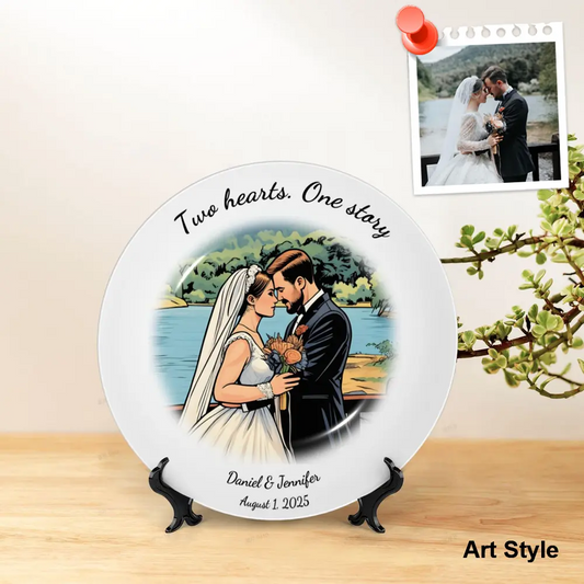 Personalized comic-style bone china plate with photo and custom text, elegantly displayed on a table for home decor or gift.