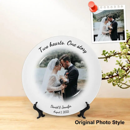 Custom bone china decorative plate with original photo print, personalized text, displayed on a table for home decor or gift.