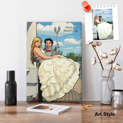 Personalized canvas wall art in playful comic style, standing on a desk, perfect for couples or home décor