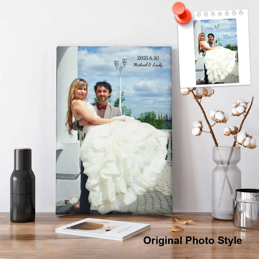 Personalized canvas wall art featuring your original photo, standing on a desk for home décor or gift