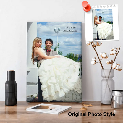Personalized canvas wall art featuring your original photo, standing on a desk for home décor or gift