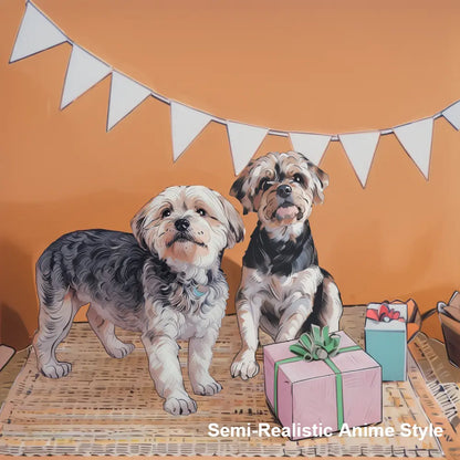 Custom ceramic Christmas ornament showing a photo transformed into a soft anime inspired artwork