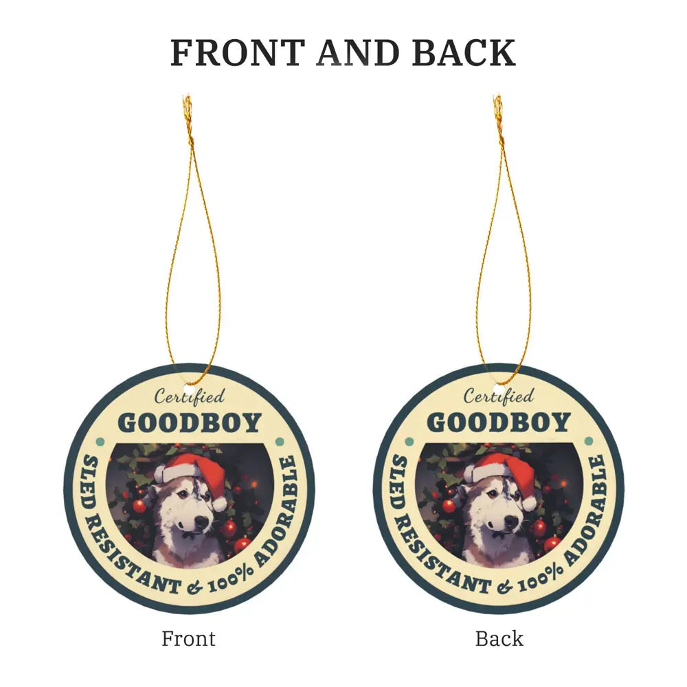 Front and back view of custom Christmas ornaments featuring pet portrait art on aluminum surface