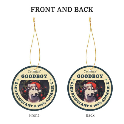 Front and back view of custom Christmas ornaments featuring pet portrait art on aluminum surface