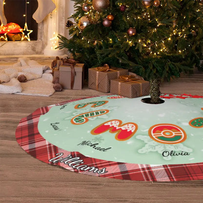 Custom Christmas tree skirt with classic plaid border and personalized center featuring family names and color options.