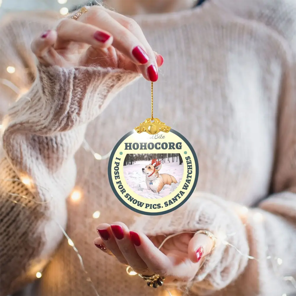 Custom glass Christmas ornament held by the hanging chain, showing the personalized photo and clear glass design