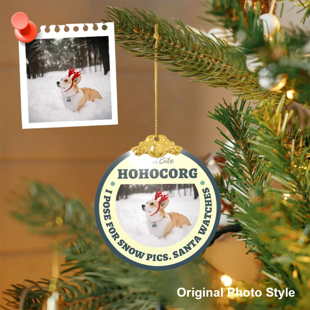 Custom glass photo ornament displaying the original uploaded image with a gold metal cap hanging on a Christmas tree