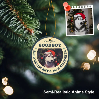 Custom pet Christmas ornaments featuring detailed pet portrait art on aluminum