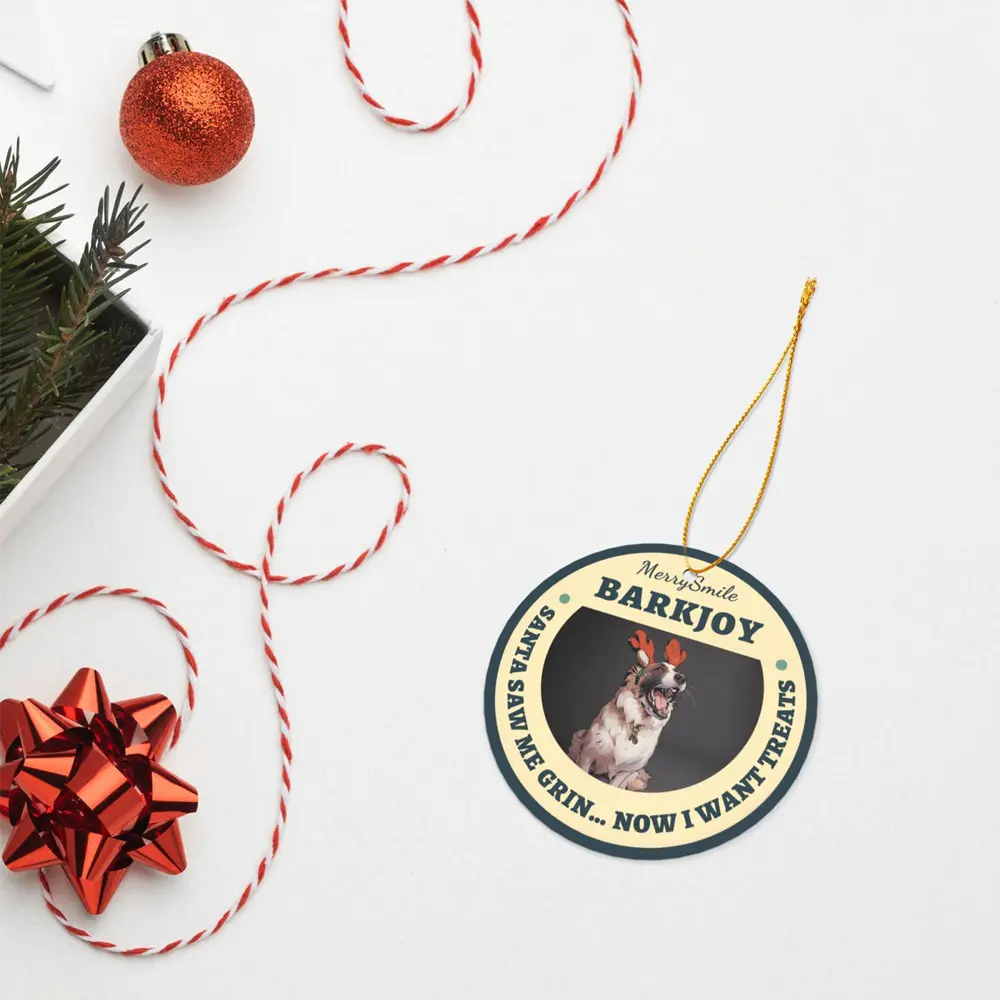 Custom photo christmas ornament laid flat on a table showing the personalized design and print quality