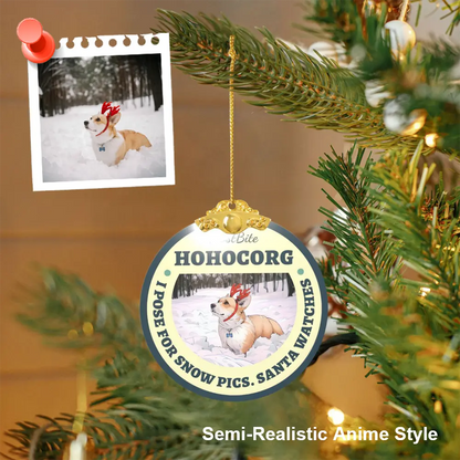 Glass photo ornament featuring a semi realistic anime style portrait paired with a gold metal cap on a Christmas tree