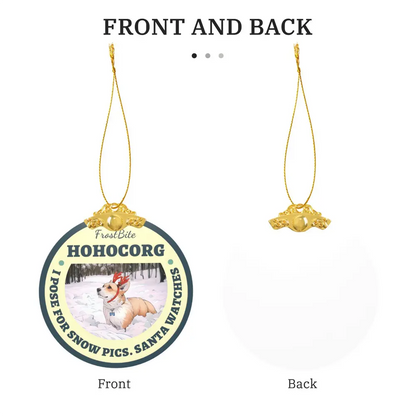 Glass photo ornament showing the front image and back side with metal clasp attachment