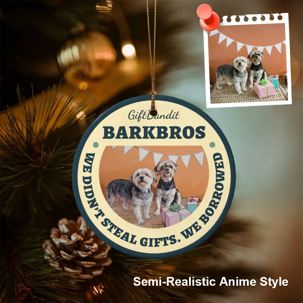 Personalized ceramic Christmas ornament with photo transformed into a semi realistic anime style artwork on a holiday tree