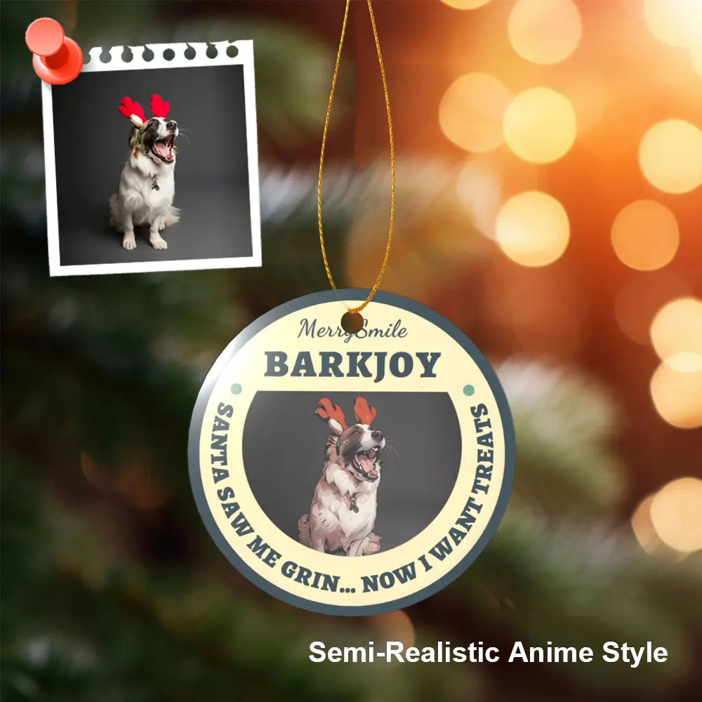 Personalized christmas ornament with photo transformed into an artistic style and displayed on a custom ornament on a Christmas tree