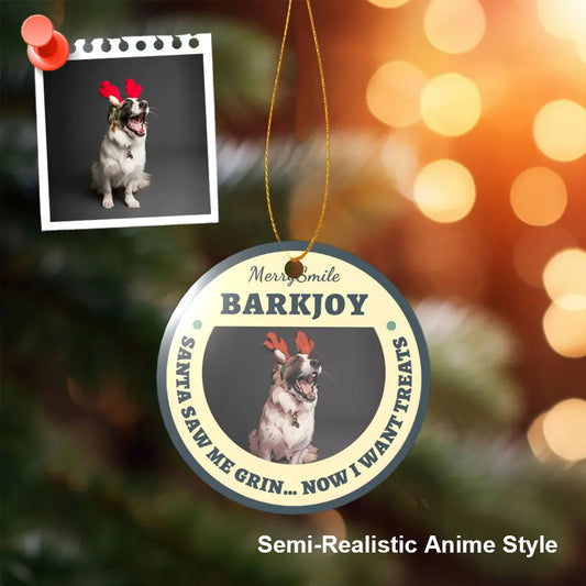 Personalized christmas ornament with photo transformed into an artistic style and displayed on a custom ornament on a Christmas tree