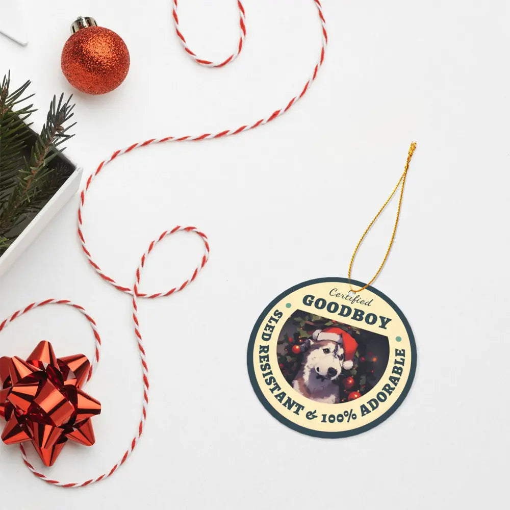 Personalized Christmas ornament displayed on a table with festive decorations, featuring unique pet portrait art