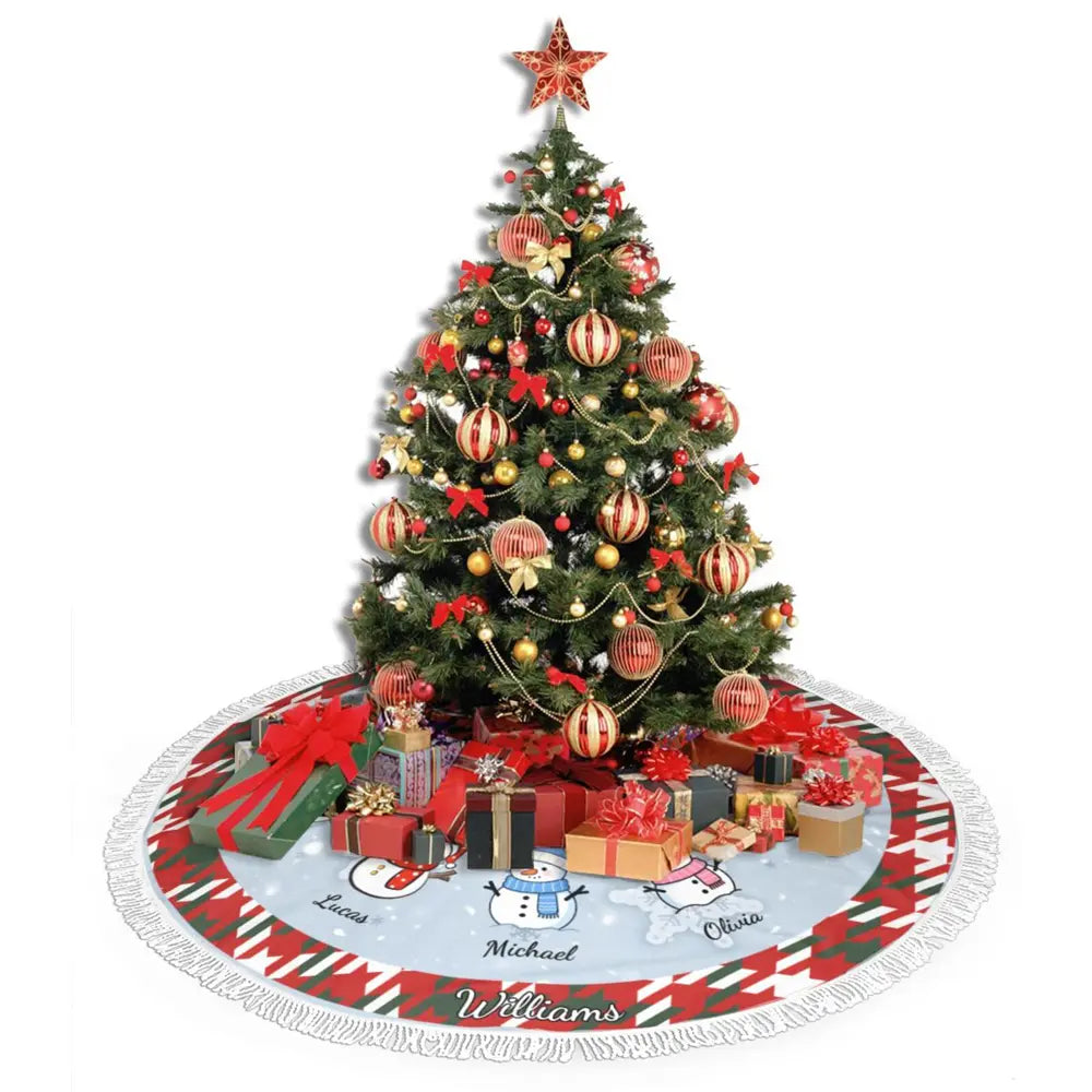 Personalized Christmas tree skirt with tassels, featuring customizable outer plaid border, family member icons and names in the center, and selectable inner circle color.