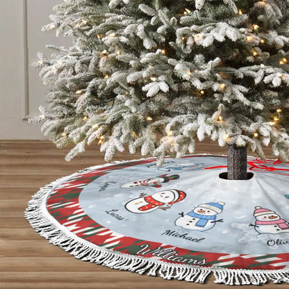 Personalized Christmas tree skirt with tassels, featuring a plaid border and custom family member icons and names — perfect for festive home decoration.
