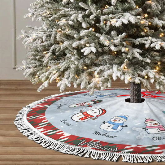 Personalized Christmas tree skirt with tassels, featuring a plaid border and custom family member icons and names — perfect for festive home decoration.