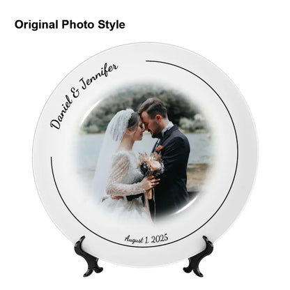 Custom bone china wedding decorative plate with personalized photo, names, and date. Elegant white ceramic plate for wedding keepsake, anniversary gift, or bridal shower decoration.