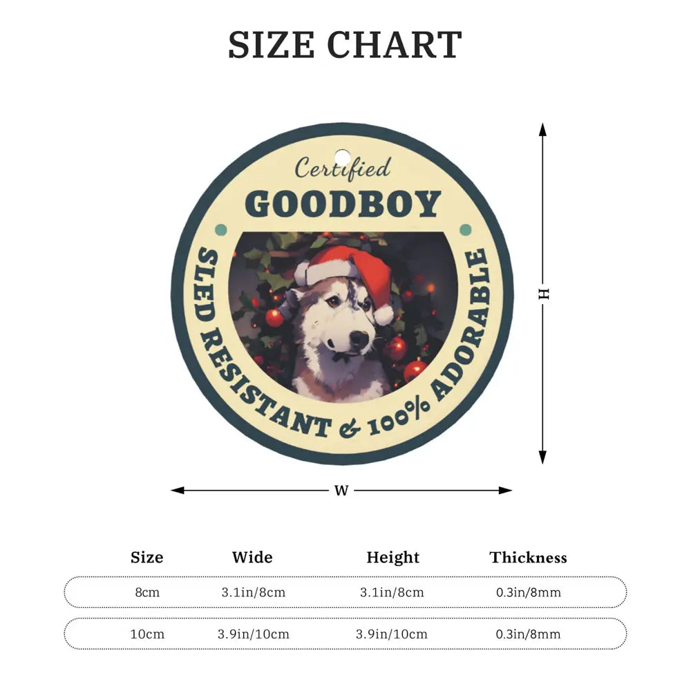 Size chart of photo Christmas ornaments featuring pet portrait art on aluminum.