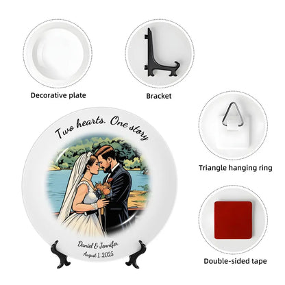 Included accessories for bone china decorative plate: stand, hook, and double-sided tape for tabletop or wall display.