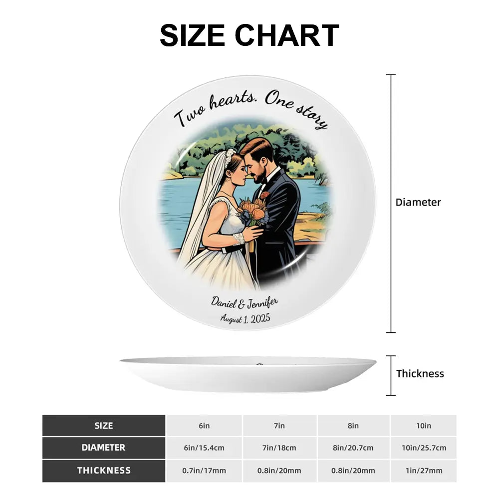 Dimensions of the custom bone china decorative plate, showing size and scale for personalized photo printing and home display.