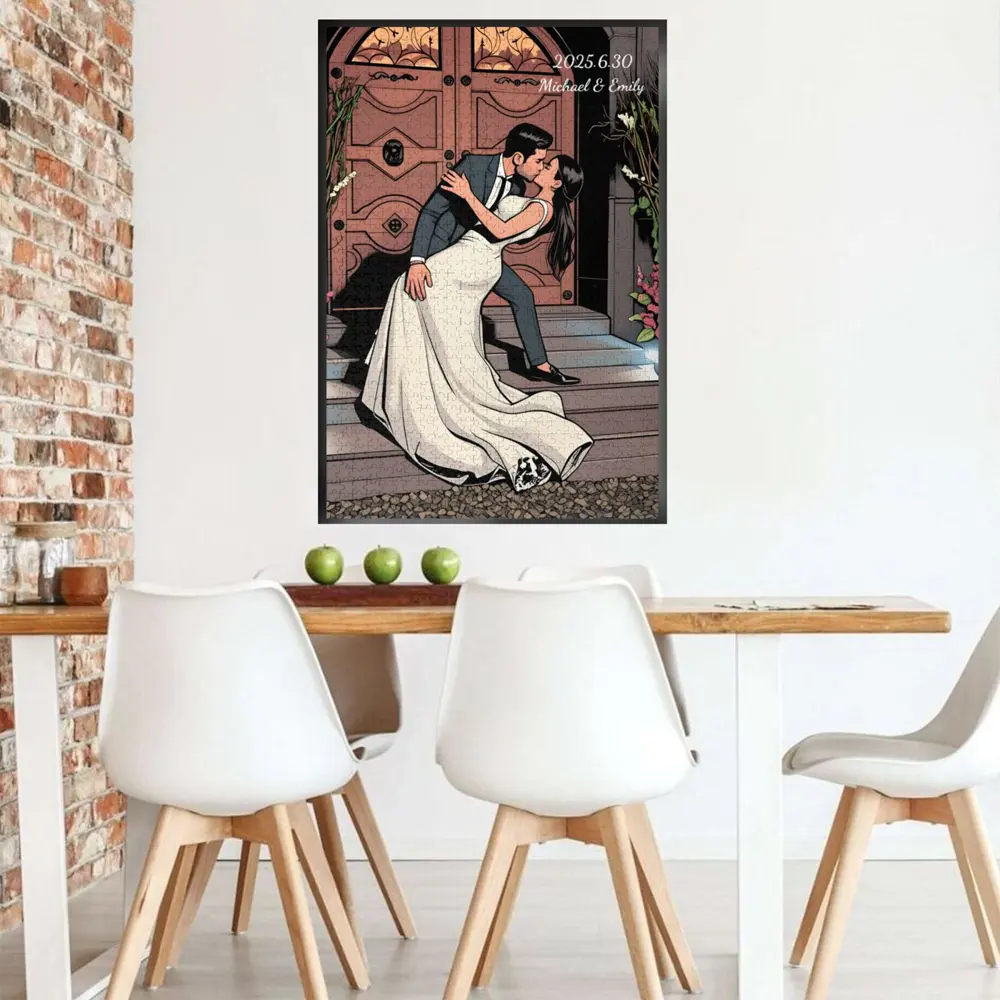 Completed wooden jigsaw puzzle framed on wall, unique personalized décor