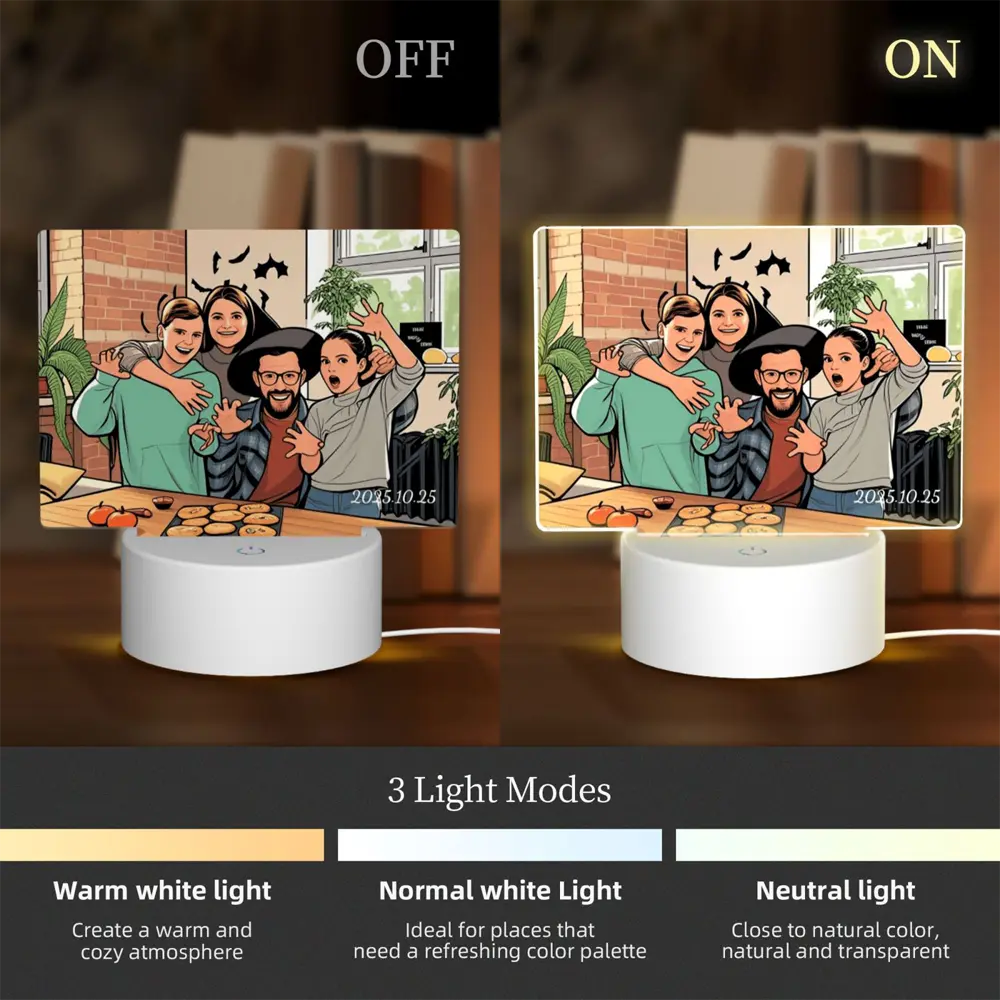 Three light modes of custom rectangular night light—white, warm, warm white—soft and eye-friendly glow