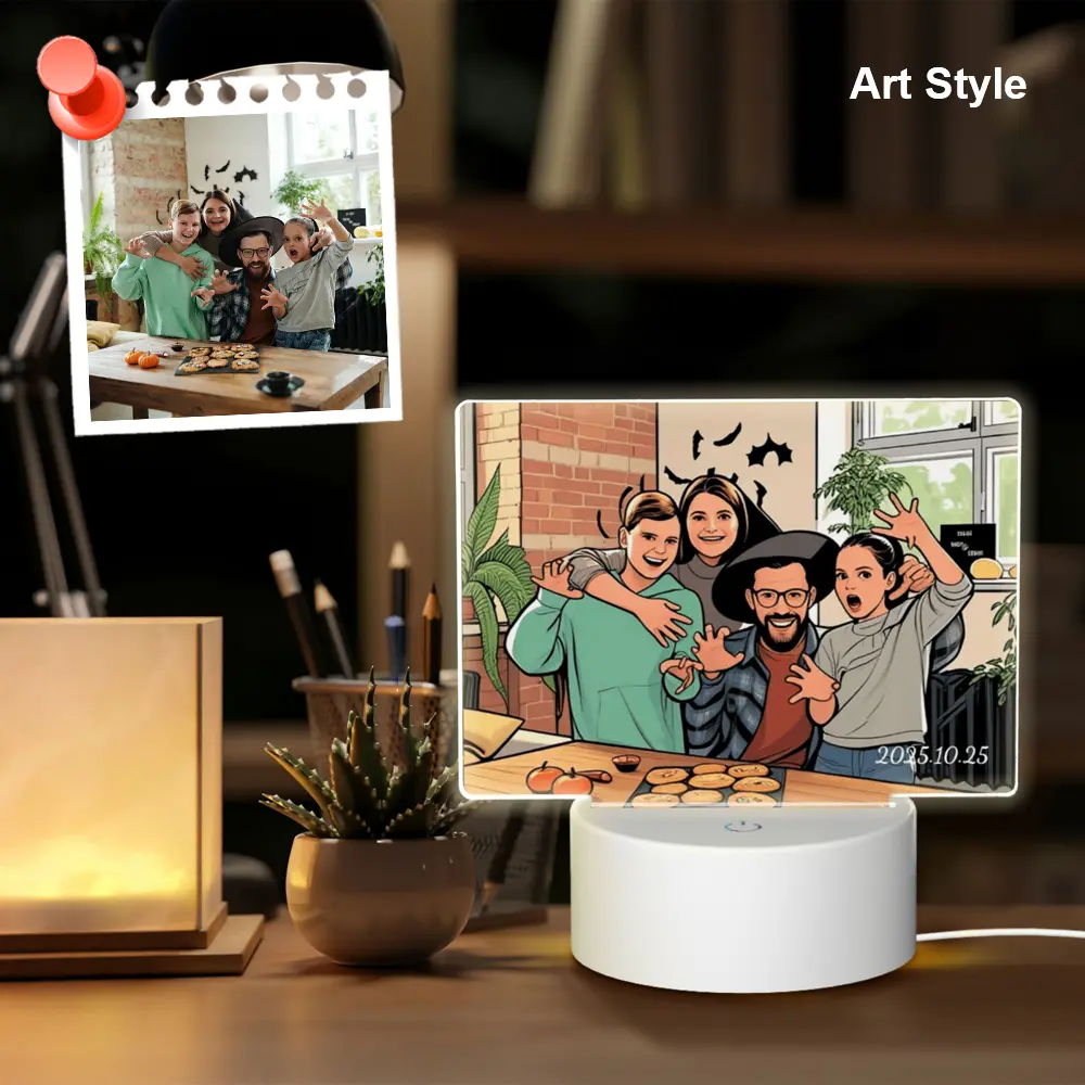 Personalized rectangular night light with comic-style artwork from your photo and text, ideal for unique home decor or gift