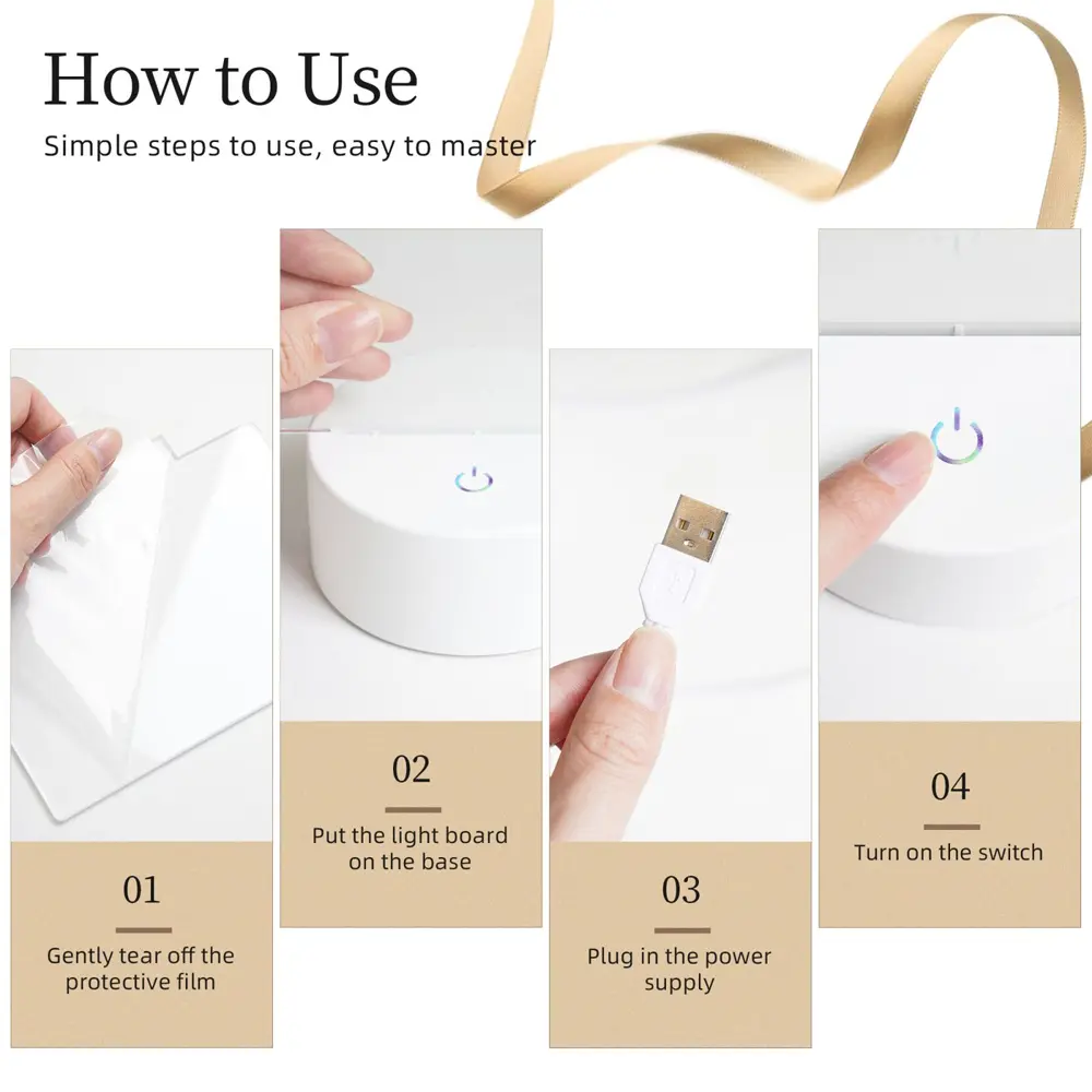 Setup and use instructions for custom rectangular night light, including USB plug, protective film removal, and touch control