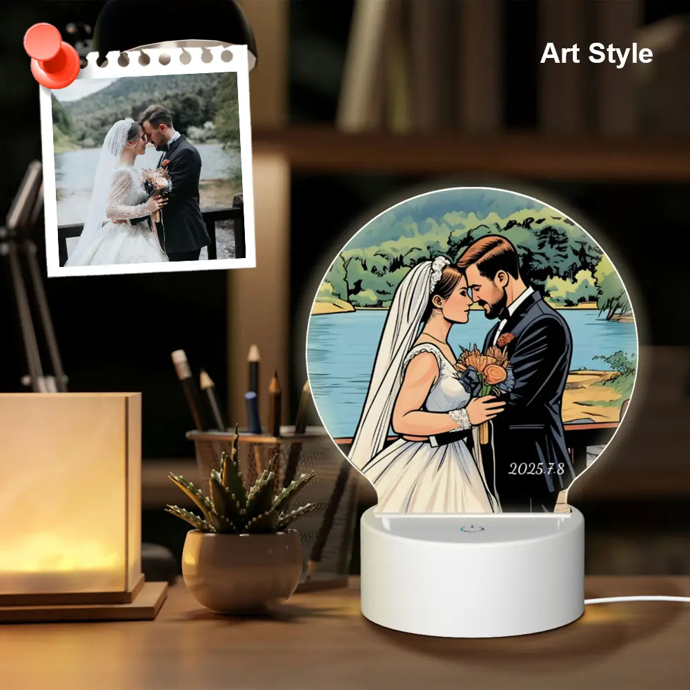 Personalized round night lamp with comic-style artwork made from your uploaded image and message, ideal for unique gifts and home display