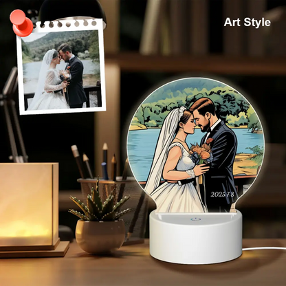 Personalized round night lamp with comic-style artwork made from your uploaded image and message, ideal for unique gifts and home display