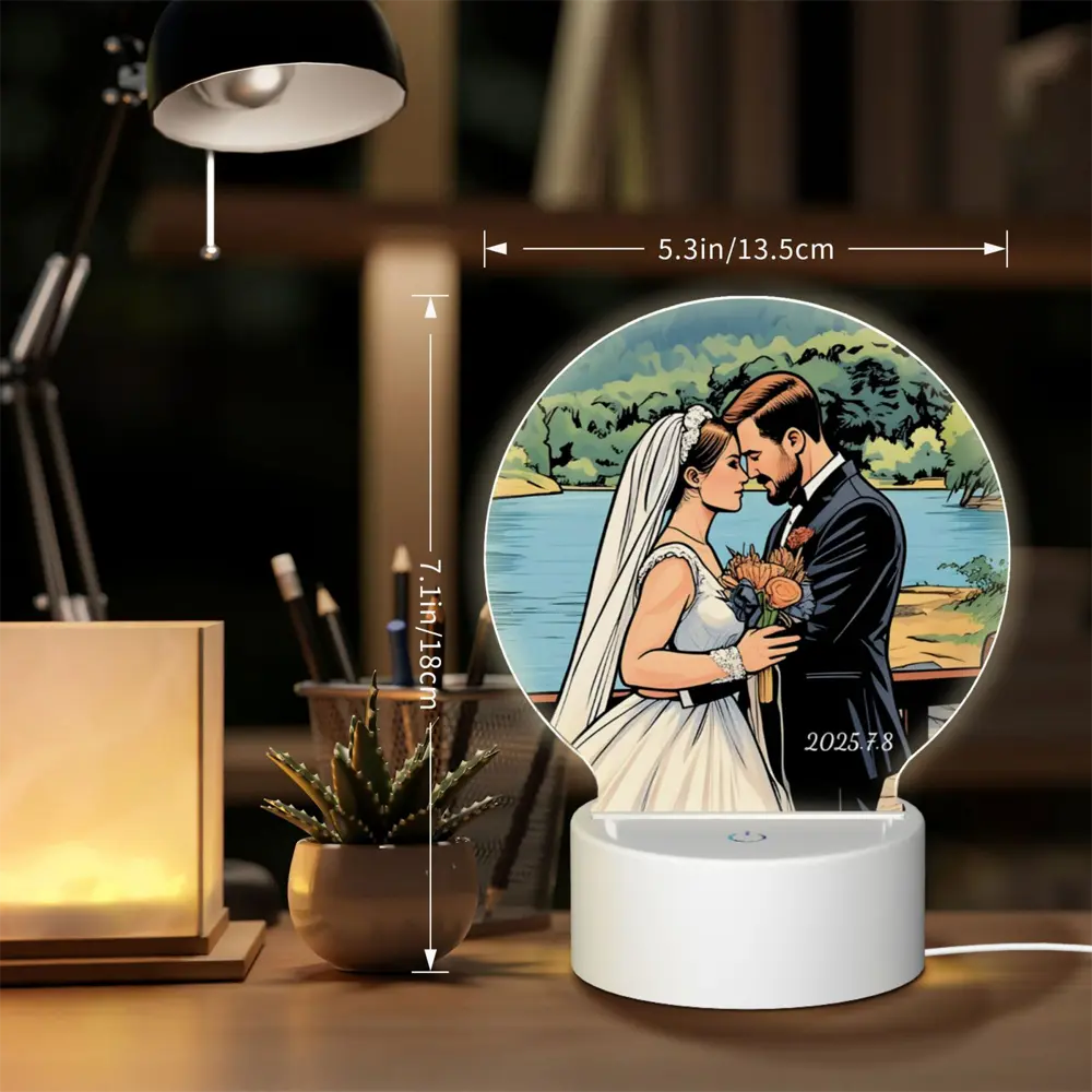 Size chart of the round custom night lamp, clearly showing diameter and base dimensions for accurate placement at home