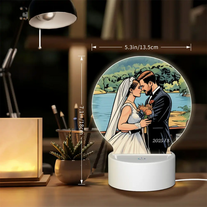 Size chart of the round custom night lamp, clearly showing diameter and base dimensions for accurate placement at home